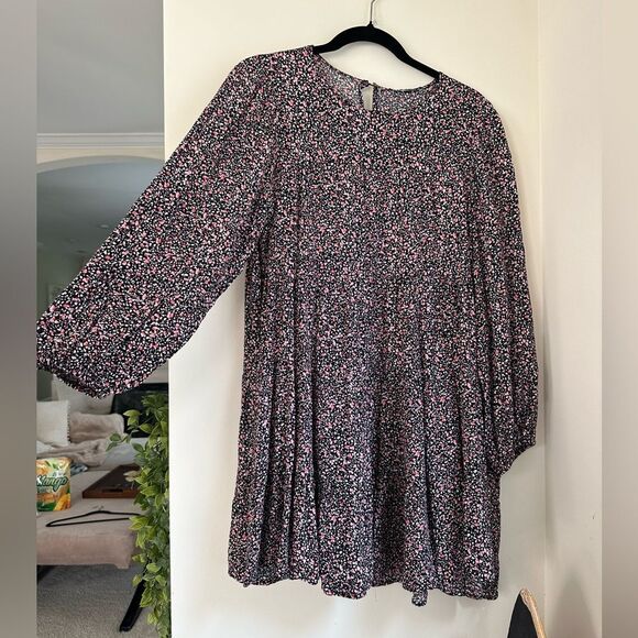 Zara black w/ pink florals flowy long sleeve puff sleeve mini dress bubble style - Picture 5 of 8